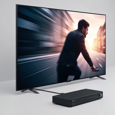 Modern DVD player connected to a TV, displaying a sharp, vibrant movie scene, no text, no words, no typography, 8K, clean image