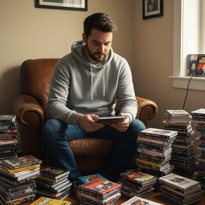 Person browsing a large collection of rare and classic DVDs in a home setting