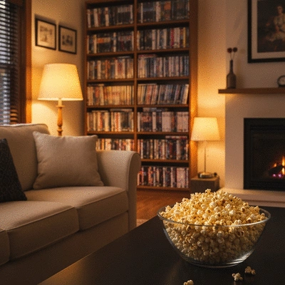 Cozy movie night setup with organized DVDs, popcorn, and comfortable seating