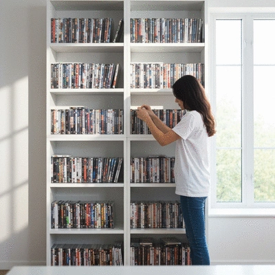 Person organizing a DVD collection on shelves, clean and modern aesthetic