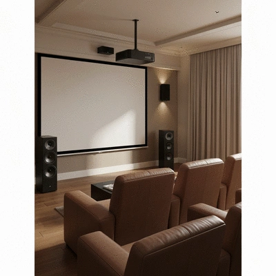 Modern home theatre setup with large screen, surround sound speakers, and comfortable seating