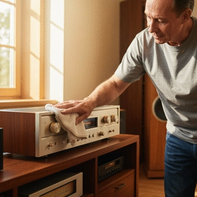 Person cleaning home theatre equipment with a microfiber cloth