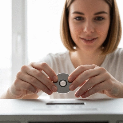 Person cleaning a DVD player's laser lens with a specialized cleaning disc