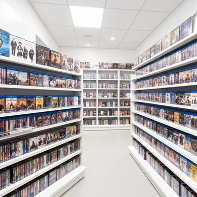 Variety of movie DVDs and Blu-rays on shelves in a specialty store, bright clean, no text, no words, no typography, 8K