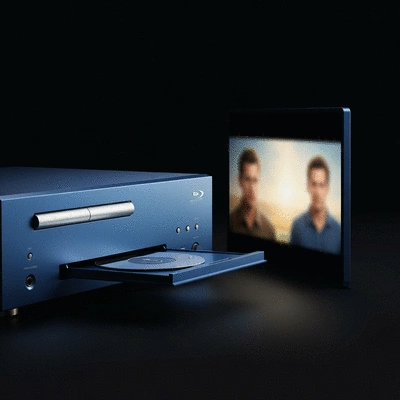 Close-up of a Blu-ray player displaying a high-definition movie