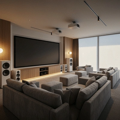 Modern home theatre setup with multiple speakers and a large screen