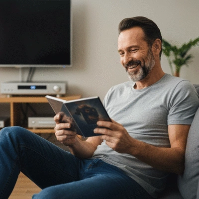 Person holding a DVD case, smiling, with a DVD player in the background