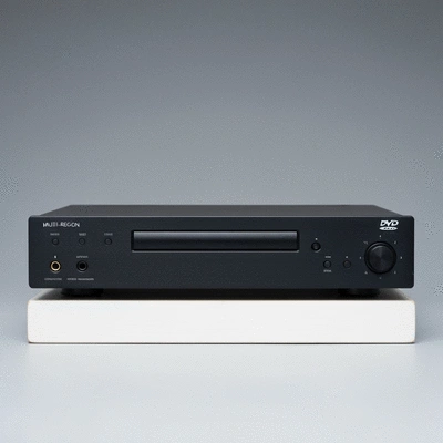 Sleek, modern DVD player on a minimalist stand, close-up, studio lighting