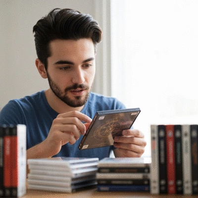 Someone holding a rare DVD with other DVDs blurred in the background