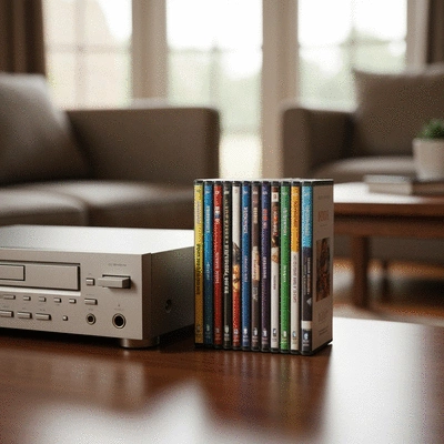 Classic DVD player with a stack of DVDs next to it, on a cozy living room setup, no text, no words, no typography, clean image