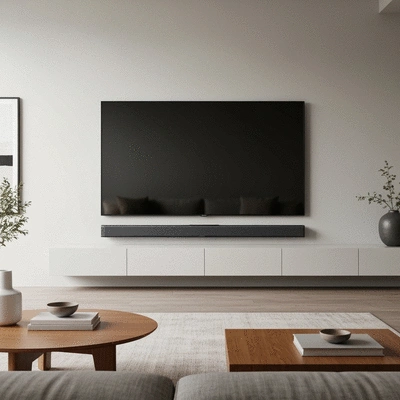 Sleek soundbar positioned below a modern television in a living room