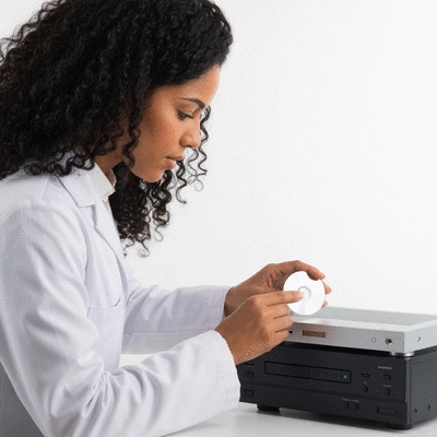 Person gently cleaning a DVD player's lens with a cleaning disc