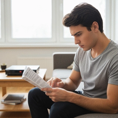 Person reading a DVD player manual or warranty information, with a DVD player in the background, focused and thoughtful