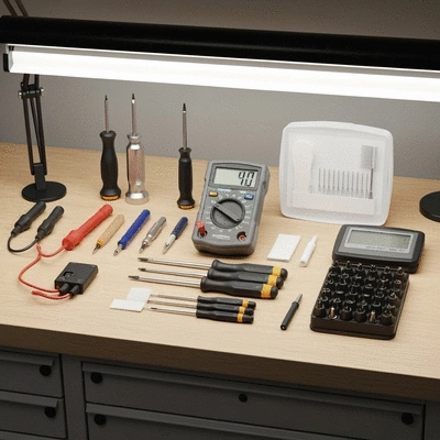 Assortment of small tools for electronics repair, like screwdrivers, multimeter, and cleaning kit, on a clean workbench