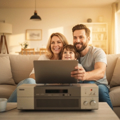 Family watching a movie on an authentic DVD player, cozy living room, warm lighting