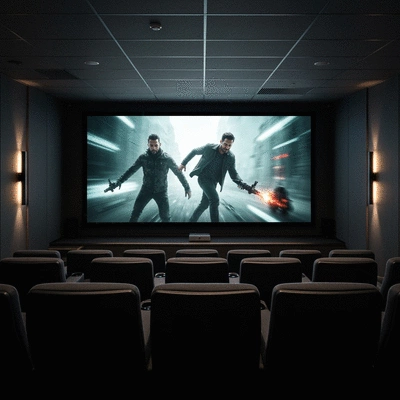 Modern home theatre setup with large screen, comfortable seating, and subtle lighting