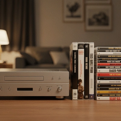 DVD player with a stack of DVDs next to it, showcasing a tangible collection.