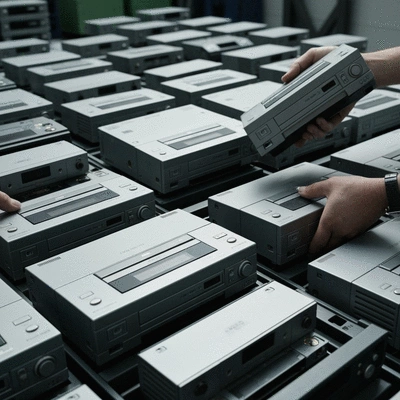 Electronic waste recycling center with old DVD players being processed