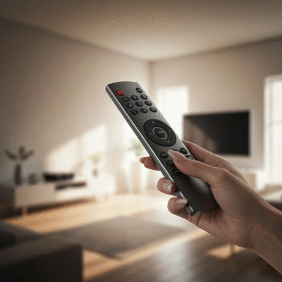 Close-up of a hand holding a modern home theatre remote control with a blurred home theatre setup in the background